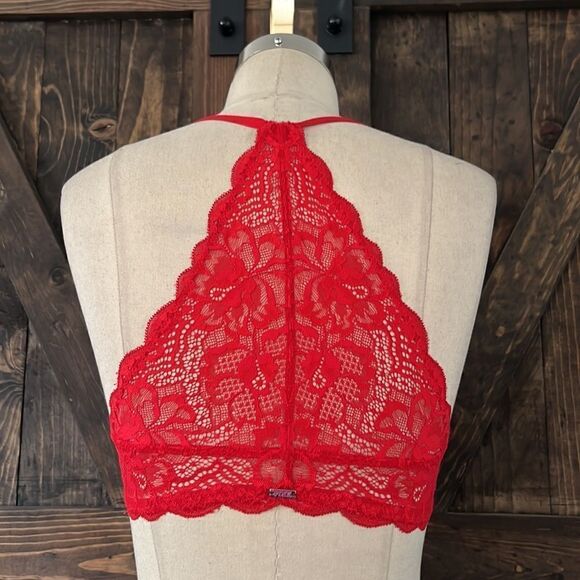 Pink Victorias Secret red lace date racerback wired bra padded Sz-32B - Picture 2 of 12